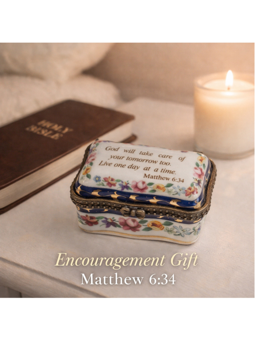 Imperial Porcelain Trinket Box Matthew 6:34 Scripture Christian Gift Floral Keep